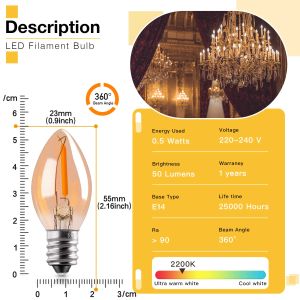 C7 LEDナイト電球E12交換LED電球0.5Wアンバーガラス温かい白い白い白い弦楽