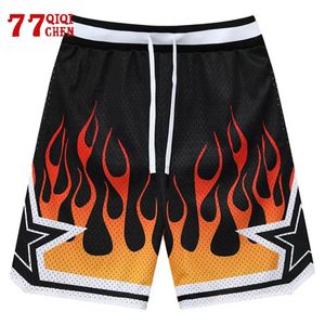 Mens Casual Shorts Mesh Breattable Flame Print Elastic midja Kort mode Löst gym basketsport Pants Unisex Streetwear 240323