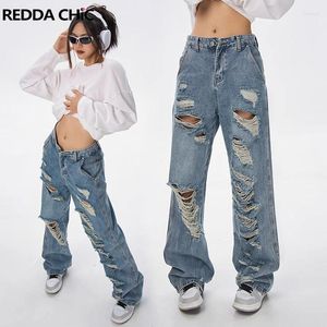 Kvinnors jeans reddachic rivna förstörda baggy för kvinnor streetwear hög midja lös casual y2k breda byxor hipop byxor vintage kläder