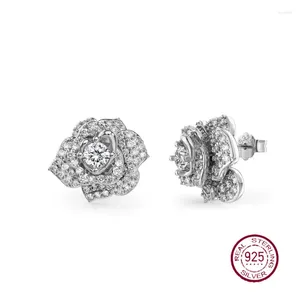 Stud Earrings Wedding S925 Pure Silver Ear Women's Rose Shape Zircon Inlaid Exquisite Design Sense Wholesale