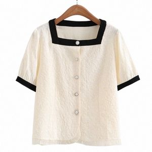 plus Size Women Short Shirt 2023 Summer Puff Sleeve Square Collar Tops Loose French Chic Blouse Oversized Curve Clothes F33-8631 W20U#