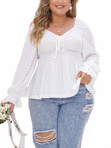 gibsie Plus Size Sweetheart Neck Knot Frt White Shirt Women Lg Sleeve Shirts Tops Sweet Vintage Ladies Peplum Blouse 2024 g7mI#