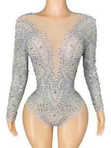 Födelsedagsdräkt Rhinestes LG Sleeve Mesh Transparent Bodysuit Sexig Dance Costume Club Leotard Stage Wear U0J7#