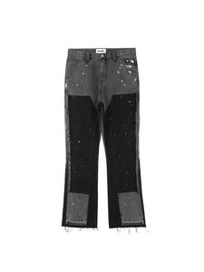 Mäns jeans dekal y2k mens pocket jeans streetwear fläckig bläck färg matchande arga kanter mini överdimensionerade löst montering föremål denim byxor j240328