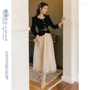 Work Dresses Spring Autumn Vintage Ladies Skirt Set French Style Retro Velvet Shirt Mesh Woman Elegant 2pcs Dress Suit