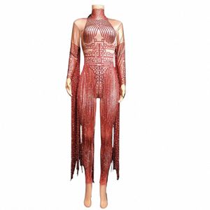 Brilhando Rhineste Red Fringe Macacões Mulheres Lg Manga Stretch Leotard Nightclub Singer Pole Dance Stage Wear Tassel Costume n8Zl #