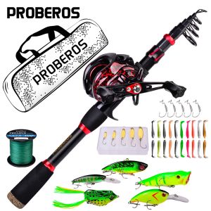 Combo PROBEROS Conjunto de vara de pesca telescópica, carretel rotativo, isca de pesca, gancho, pesca marítima profissional, kit completo de isca