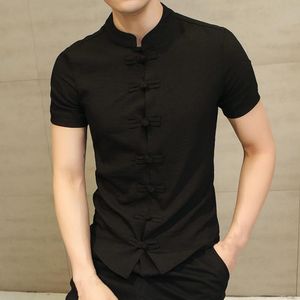 優しいシングルブレストビンテージ中国スタイルの男性トップノットボタン中国の伝統的な服の男性夏のシャツの男性衣服