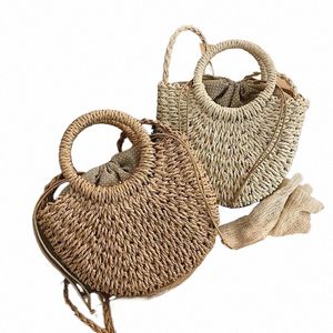 Yogodlns Полукруглая соломенная сумка ручной работы из ротанговой ткани Летние женские сумки через плечо Menger Маленькая пляжная сумка для девочек Новый W3s5 #