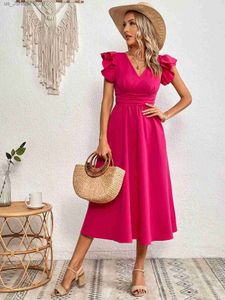 Grundläggande avslappnade klänningar mode SWT Spring Summer Elegant Long Dress for Women V-ringen Ruffled slve Casual Solid Backless Party A-Line Maxi Dresses T240330