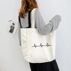 Shopping Bags Heartbeat Line Funny Printed One-shoulder Bag Large Capacity Ladies Tote Canvas Women