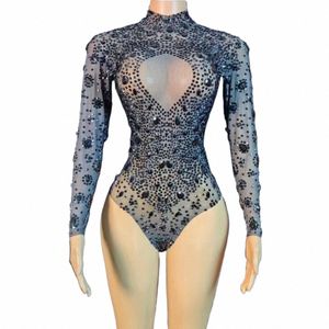 Sparkly Black Rhinestes Bodysuit Sexy Mesh See Through Dance Costume Performance Leotard Women Nightclub Dancer Stage Wear 11qw#