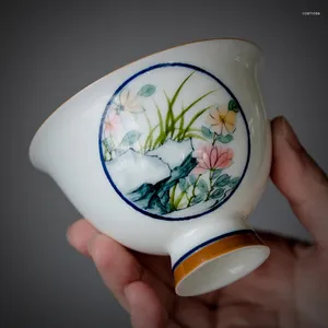 Conjuntos de chá puro pintado à mão flor rosto pé alto cerâmica coberta tigela chá único chinês dois chá não está definido