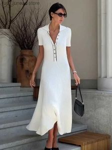 Vestidos casuais básicos tossy branco malha moda maxi vestido para mulheres curto slve retalhos elegante vestido de festa lapela cintura alta malhas vestido feminino t240330