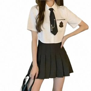 プレッピースタイルスーツサマーホワイトタイシャツ女性韓国風の学校制服プリーツスカートスーツ76S3＃
