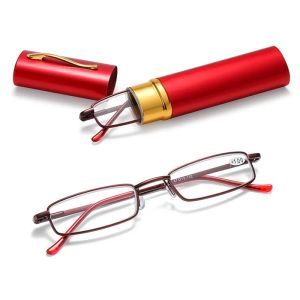 Eleganckie pudełko na pióra przenośne mini ultra-cienkie okulary do czytania metalowe ramy mężczyźni kobiety czytają okulary z pudełkiem presbyopia okulary