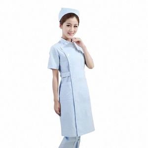 womens Nurse Uniform Dres Mandarin Collar Short Sleeve Slanting Butt Frt Medical Hospital Nurse Scrub Lab Coat Dr S3my#