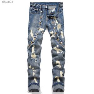 Herren Jeans Herren Rivet Denim Jeans Punk Löcher Tränen verzweifelte elastische Denimhose Blau Ultra-dünn