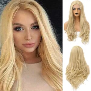 nxy vhair wigs rongduoyi naturalwaveブロンドヘアシンセティック長い波状ブロンドミドルパーツGlueless Lace Front Wig Makeup Daily Women Use 240330