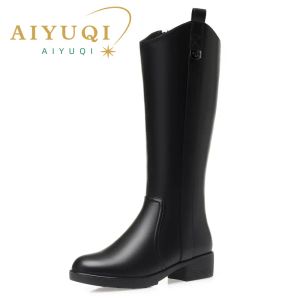 aiyuqi women boots winter 2023新しい大規模な本革女性長いブーツ天然ウールウエスタンカウボーイブーツレディース