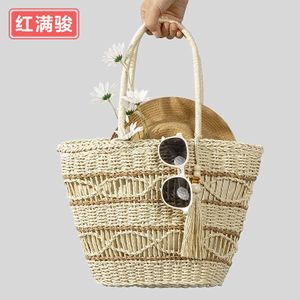 2024 Summer Handwoven Hollow Handbag for Women's Large Capacity Wooden Bead Tassel Beach Resort Beach Bag