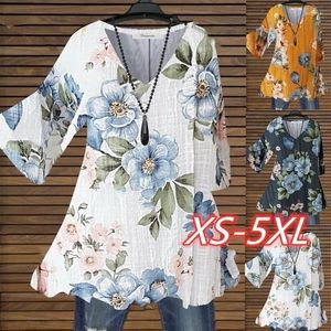 女性のTシャツ女性のTシャツファッション春/夏の花の印刷vネックフレアスリーブセールレディーストップTシャツドロップHBL759