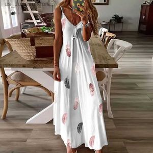 Vestidos casuais básicos venda quente slveless fino ajuste pena impressão baixo corte com decote em v cinta grande bainha saia longa t240330