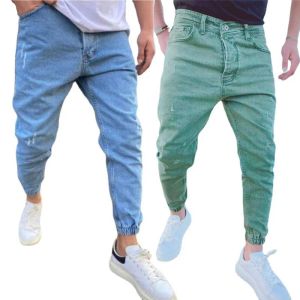 メンズジーンズブルーエラスティックウエストカジュアルパンツグリーンスリムフィットズボンKhaki Jeans Streetwearデザイナー服の男性
