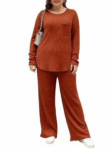 Gibsie Plus Size Two-Style Set Women Outfit Home Style Casual Solid Rib-Knit O-Neck LG Sleeve T-Shirts und Wide Leghose N52s#