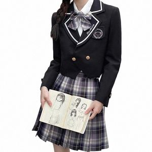japanese JK Suit Short Style Uniform Bear Embroidery Korean High School Blazer Cute Lolita Black Coat College Student Sexy Skirt L0nX#