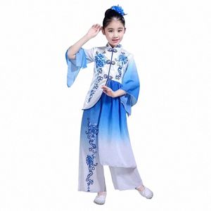 Одежда для классических танцев, Детская одежда в китайском стиле, сине-белая фарфоровая танцевальная одежда с веером G08v #