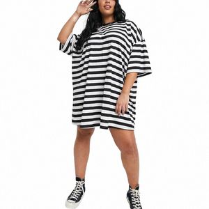 plus Size Loose Summer Elegant Tunic Dr Women Drop Shoulder Half Sleeve Oversize Casual T-shirt Dr Black Striped Tee Dr 85y3#