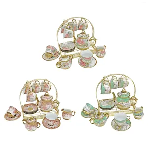 Cups Saucers Ceramic And Set With Metal Stand Coffee Pot Handle Tea Of 5 For Home Party Living Room