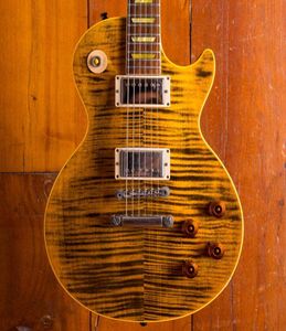 Rzadkie Joe Perry Boneyard 1959 Czarnożółta elektryczna gitara Tiger Flame Top Vintage Trapezoid Mop InLay Tuilp Tunery Bone238930953