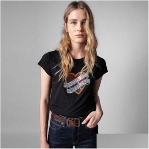 تي شيرت النساء Zadig Voltaire 23ss مصمم Tirt Tirt New Love Letter Printing Diamond Cotton Rece