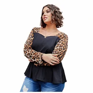 plus Size Square Neck Elegant Fi Blouse Women Lg Leopard Sleeve Spring Autumn Large Size Peplum Top T-shirt 5XL 6XL 7XL z6OQ#