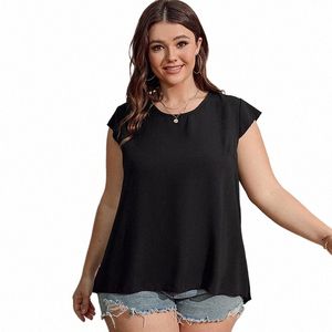 Plus Size Women T-shirt 2023 Summer Solid Color Casual Round Neck Topps Fi Pleated Shortealeved Large Size Elegant Blus O78C#