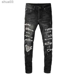 Jeans maschile da uomo aprire bandage bandage jeans abbigliamento stradale paisley stampato patch di piste cicla