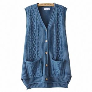 vintage Cardigan Plus Size Women Jumper Loose Fit High Strecth Knitted Argyle Pocket V-Neck Asymmetrical Length Sweaters Vest q4dy#