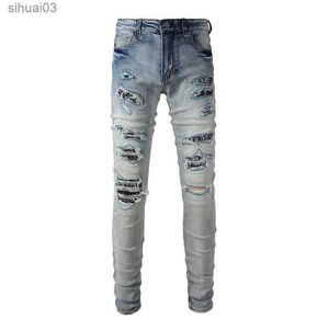 Men's Jeans Mens Bandana Paisley printed patch denim jeans tight fitting tapered elastic pants light blue tear Distressed TrousersL2403