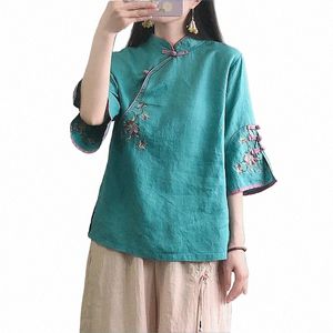 Ny Autumn Multicolor Seven Quarter Ladies 'Cott Linen Shirt Blue Chinese Tradeitial Women's Formal Top Ttang Costume Hanfu E1GL#
