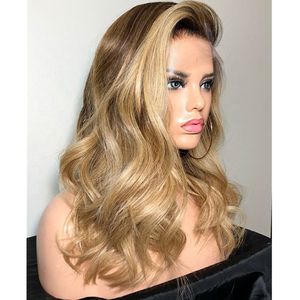 Scalp Invisible Fake Ombre Honey Brown Natural Wave Chinese Human Hair13x6 Lace Front Wigs 958 7