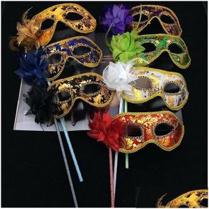 Party Masks Venetian Half Face Flower Mask Masquerade på Stick Sexig Halloween Christmas Dance Wedding Birthday Supplies DBC Drop Del Dhpal