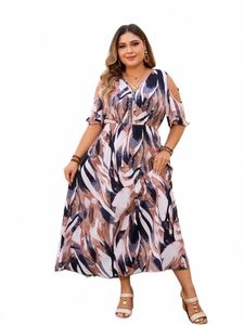 plus Size Summer Lg Dr Women V-Neck Fi Irregular Short Sleeve Ladies Dres Graffiti Print Casual Loose Woman Dr H8Ps#