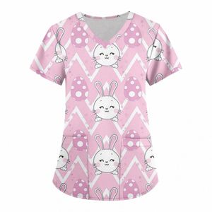 Easter Bunny Women Casual Hospital Nurse Uniform Clinic Operation Room Tryckt Kort ärmficka Löst Top Medical Scrubs Z8XI#