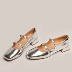 Casual Shoes Maogu 2024 Spring French Retro Shallow Mouth Thick Heel Dress Fashion Silver Square Head Mary Jane Ballet Shoe Low Heels