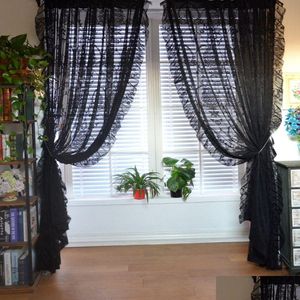 Curtain Black Floral Tle Ruffle Lace Vintage Voile Sheer Curtains For Bedroom Romantic Flower Light Filtering Window Drapes Custom Dro Otii3