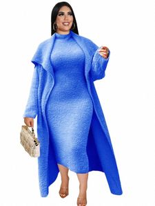 wmstar Plus Size Women Clothing Dr Sets 2 Piece Outfits Dres and Cardigan Matching Suit Wholesale Dropship with Belt i3Pt#