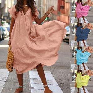 Sukienki swobodne sukienka v szyfry szyi lato damska moda mody midi vestidos żeńskie solidne ruffle asymetryczne