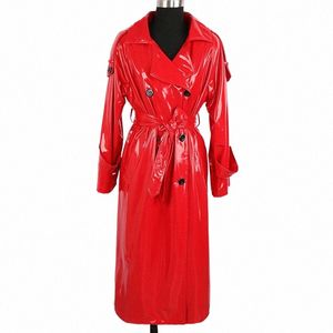 nerazzurri autumn lg Red Waterproof Shiny Reflective Patent Leather Trench Trench Coat for Women double Breched Plus size fi x4dk＃
